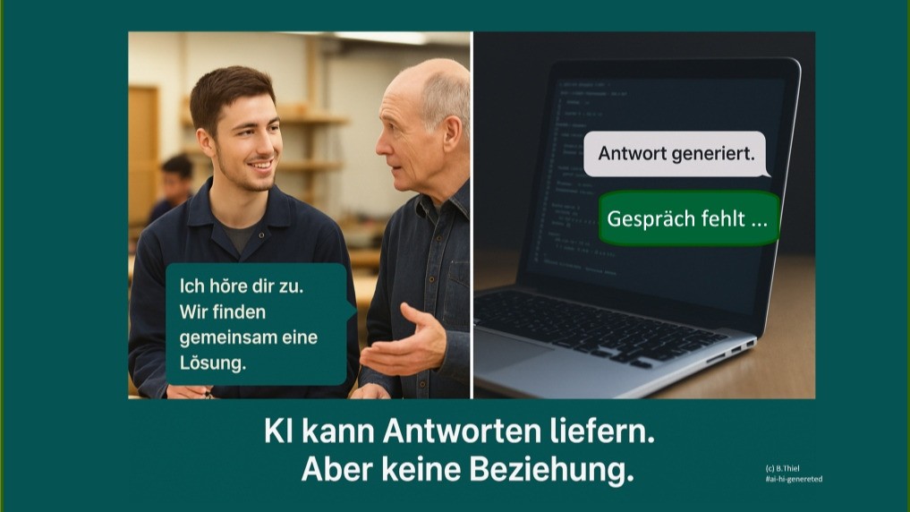 Zwei Menschen im Gespräch neben einem Laptop mit dem Hinweis „Gespräch fehlt“, dazu der Schriftzug „KI kann Antworten liefern. Aber keine Beziehung.“