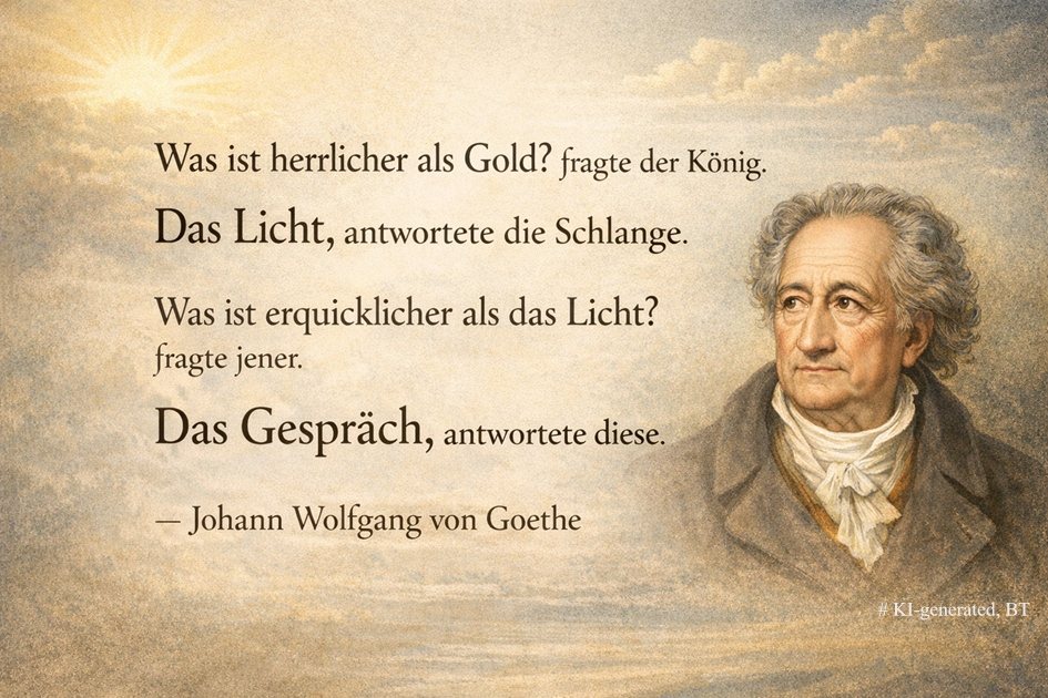 Porträt von Johann Wolfgang von Goethe mit dem Zitat „Was ist herrlicher als Gold? … Das Gespräch, antwortete diese.“