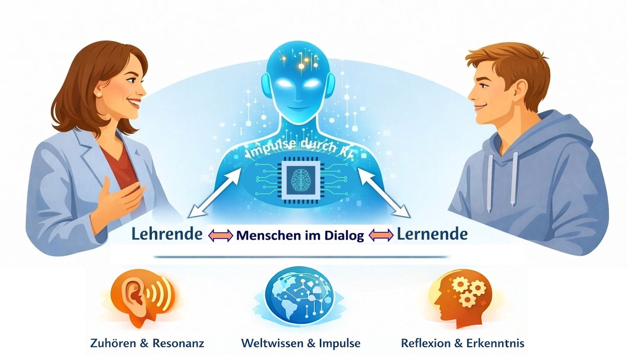 Grafik: Lehrende und Lernende als Menschen im Dialog, dazwischen eine KI-Figur mit „Impulse durch KI“; darunter Zuhören & Resonanz, Weltwissen & Impulse, Reflexion & Erkenntnis